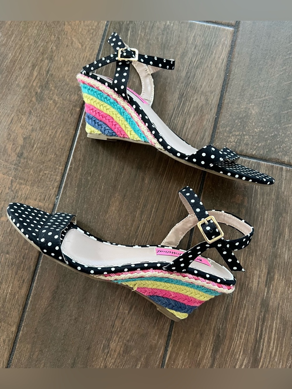 Betsey Johnson Polka Dot Rainbow Espadrille Wedge Open Toe Sandal size 6